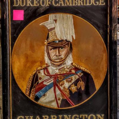 Large antique British tavern hand-painted wood & forged iron double sided framed sign.