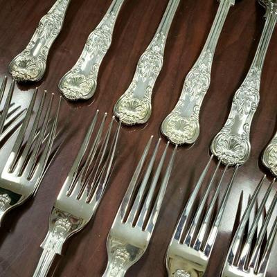 Asprey (England) QUEENS pattern hand forged sterling silver flatware set with floor standing fitted flatware cabinet chest. Set is...