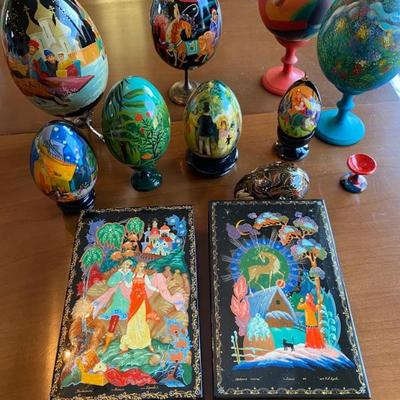 Russian Lacquer Eggs/Stands. Boxes