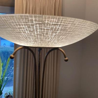 Mid Century Brass Floor Lamp. Glass Shade