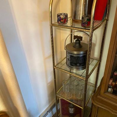 Vintage Brass Glass Open Curio Shelves (2)