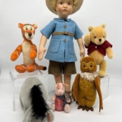 Patty Gohman Christopher Robin, Winnie the Pooh and Gang

Molded and painted felt doll and mohair friends. Unsigned.

Christopher...