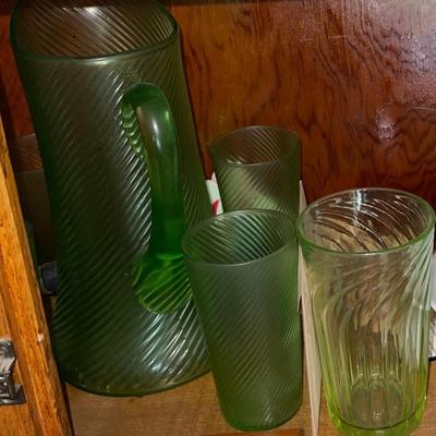Vaseline glass pitcher and glasses