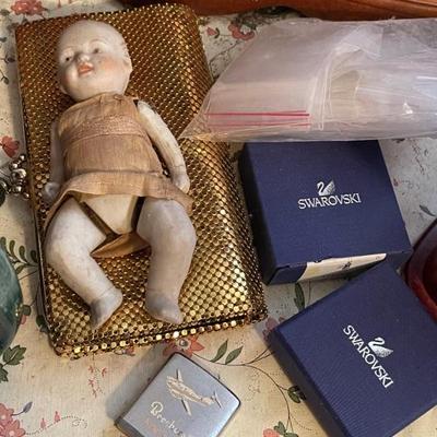 Miniature Bisque baby doll / Beechcraft lighter / Swarovski  