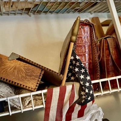 Alligator skin purses and a vintage wooden ladies glove box