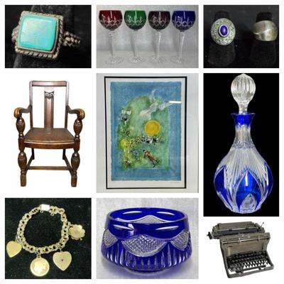 Silver & Turquoise Ladies Concho Belt, Towle Silverware, Sansui AM/FM Stereo Turner, Jasper Secretary Desk, New England Toile Mixing...