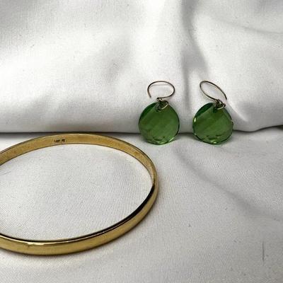 14k Yellow Gold Bracelet & Pair Of 14k Gold Wire Green Cut Glass Earrings