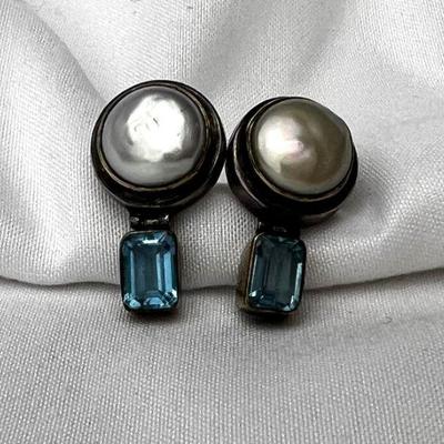 Pair Of Sterling, Pearl & Aquamarine Earrings