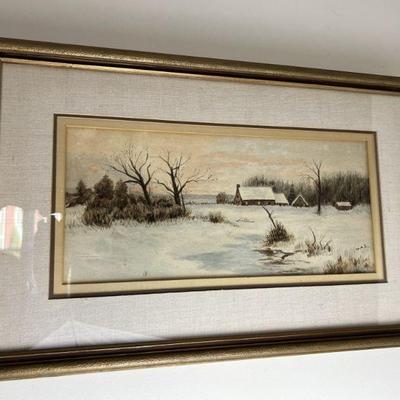 Original Watercolor Winter Snow Scene Painting Signed M.A.Z.