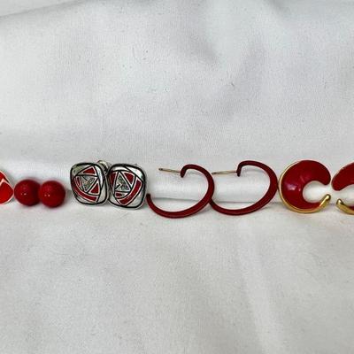Five Pairs Of Red Enamel Earrings