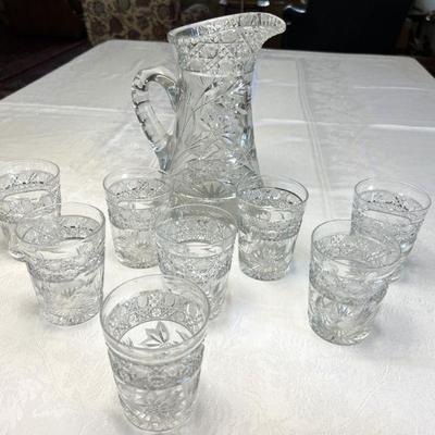 Beautiful Antique American Brilliant Cut Glass Pitcher With Eight Glasses