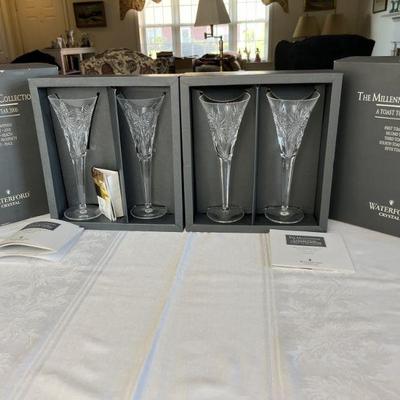 Two Pairs Of Waterford Crystal "The Millennium Collection: A Toast To The Year 2000" Champagne Flutes