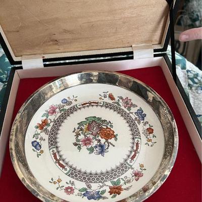 Old Vintage 1930s Era Spode English China Silver Rimmed "Chinese Rose" Pattern Plate