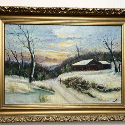 Antique Original Oil On Board Signed NAZ, Snowy Cabin Scene