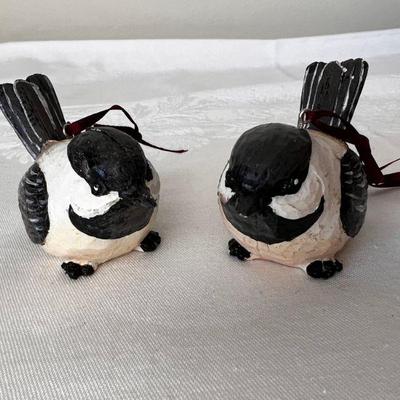 Pair Of Chickadee Carved, Painted Wood Christmas Tree Ornaments