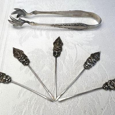 Set Of Five Sterling Silver Buddha Cocktail Picks & Silverplated Ice Tongs