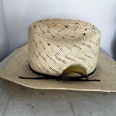 Stetson Straw Hat with Feather Accent, Size 7 1/4