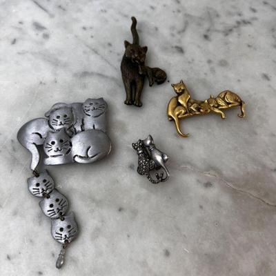 Collection Of Four Cat Motif Brooches, Most Signed