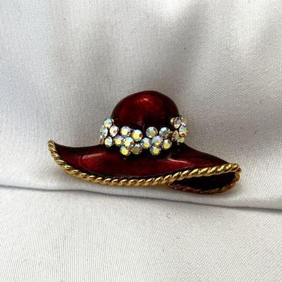 Red Enamel Sun Hat Pin, Signed