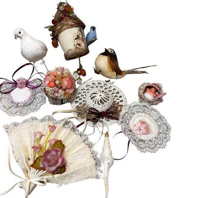Collection Of Christmas Tree Ornaments, Many Bird & Victorian Hat Themed