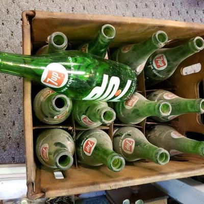 Large 7Up bottles, in crate