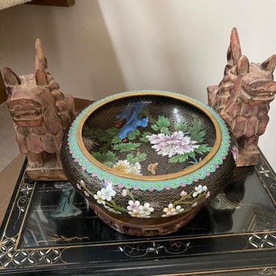 Pair of Foo Dogs, Chinese Rose Famille Cloisonne 