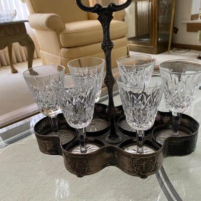 Vintage Waterford Crystal Wine Glasses with Silver Plate Caddy