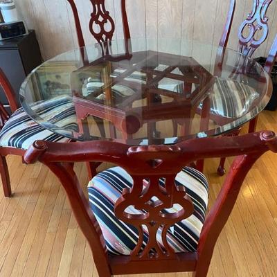 Vintage Red Chinoiserie Pedestal with Beveled Glass Top Table, With 5 Side Chairs.