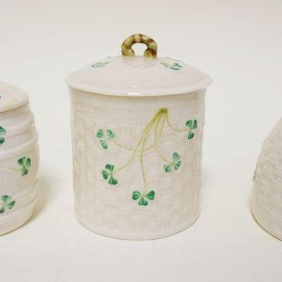 1036	BELLEEK IRISH CHINA, LOT OF 3 COVERED JARS, LARGEST IS APPROXIMATELY 4 1/2 IN HIGH
