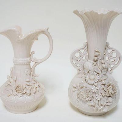 1051	BELLEEK IRISH CHINA, 2 PIECE LOT DOUBLE HANDLED VASE & PITCHER W/APPLIED FLOWERS, TALLEST IS APPROXIMATELY 9 IN, HAIR LINE ON BOTTOM...