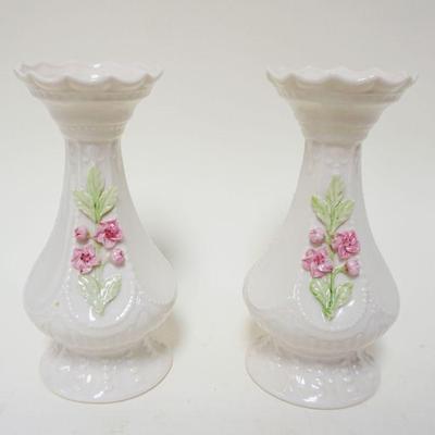 1045	BELLEEK IRISH CHINA, PAIR OF VASES W/APPLIED FLOWERS, GREEN MARK, APPROXIMATELY 7 IN HIGH

