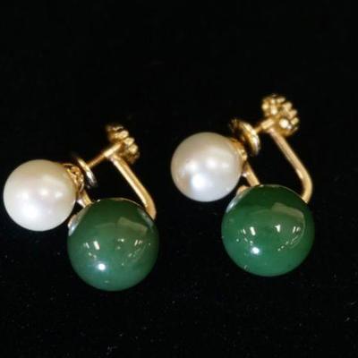 1181	14K YELLOW GOLD NON PIERCED EARRINGS CONTAINING TWO CULTURED AKOYA PEARLS & TWO JADE BEADS. 
