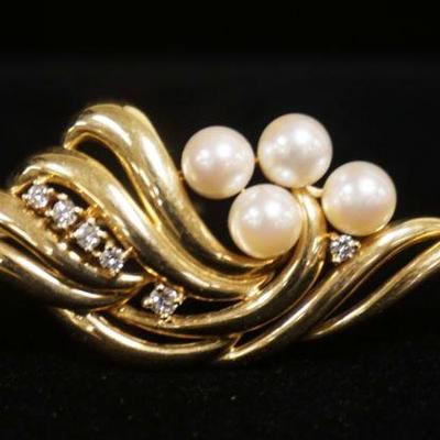 1203	14KT YELLOW GOLD BROOCH, 8.65 DWTS & CONTAINING 4 CULTURED AKOYA PEARLS & APPROXIMATELY 0.15 CARATS OF DIAMONDS, APPROXIMATELY 2 1/4...