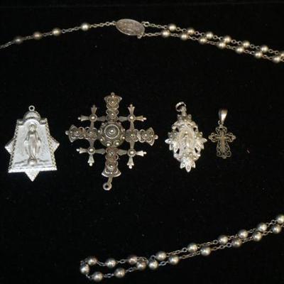 1312	STERLING SILVER ROSARY & 4 STERLING RELIGIOUS PENDANTS, 1.624 OZT OVERALL
