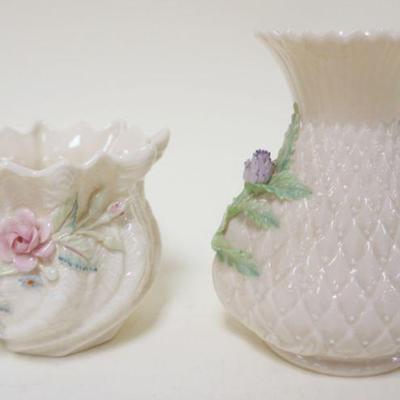 1057	BELLEEK IRISH CHINA, LOT OF 2 VASES W/APPLIED FLOWERS, GREEN MARK, LARGEST APPROXIMATELY 5 1/4 IN HIGH
