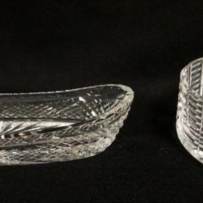 1146	WATERFORD LEAD CRYSTAL 2 PIECE LOT OVAL TRAY & ROUND DISH, TRAY APPROXIMATELY 9 3/4 IN X 3 1/2 IN X 2 IN HIGH
