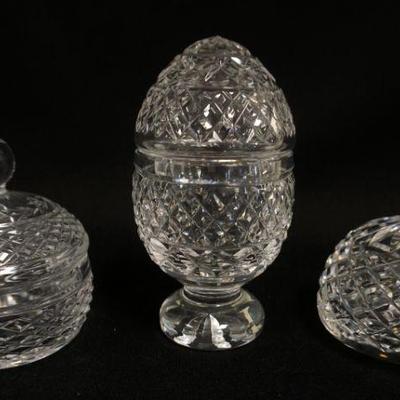 1137	WATERFORD LEAD CRYSTAL 3 PIECE LOT, 2 COVERED JARS & PAPERWEIGHT, LARGEST APPROXIMATELY 6 IN
