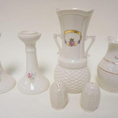1065	BELLEEK & DONGLE IRISH CHINA LOT INCLUDING VASES, CANDLESTICKS, LARGEST APPROXIMATELY 9 IN HIGH
