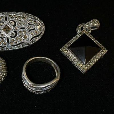 1269	JUDITH JACK STERLING & MARCASITE LOT INCLUDING 2 PINS, RING & 2 PENDANTS, 1.659 OZT OVERALL
