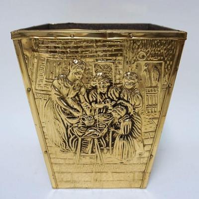 1094	ENGLISH BRASS & WOOD ORNATE EMBOSSED TAPERED CONTAINER, APPROXIMATELY 9 1/4 IN X 10 3/4 IN
