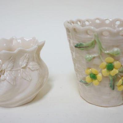 1047	BELLEEK IRISH CHINA, 2 VASES W/APPLIED FLOWERS, ONE IN THE FORM OF A BASKET, GREEN MARK, APPROXIMATELY 3 1/2 IN HIGH

