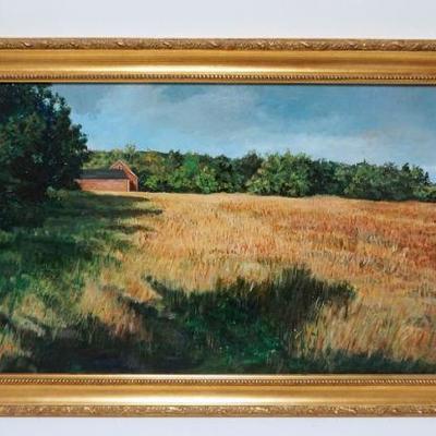1069	OIL PAINTING ON BOARD PANORAMIC FARM SCENE W/FARM HOUSE & BARNS IN FIELD SIGNED B HALL, APPROXIMATELY 19 IN X 36 IN OVERALL
