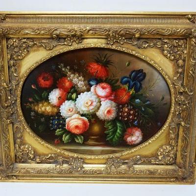 1068	CONTEMPORARY OIL PAINTING ON BOARD OF FLOWERS IN GILT FRAME, APPROXIMATELY 18 IN X 22 IN OVERALL
