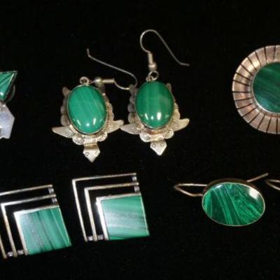 1278	5 PAIRS OF STERLING W/MALACHITE EARRINGS, INCLUDES PIERCED & CLIP ONS, 2.05 OZT INCLUDING STONES
