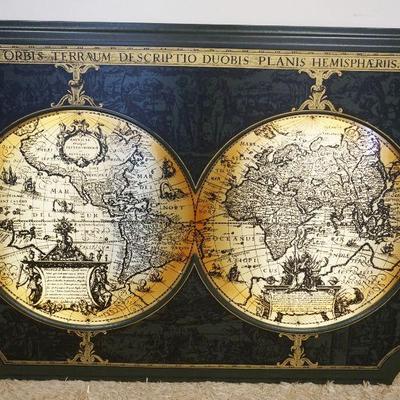 1086	LARGE BRASS FINISHED DOUBLE WORLD HEMISPHERE MAP IN WOOD FRAME, APPROXIMATELY 43 IN X 2 IN
