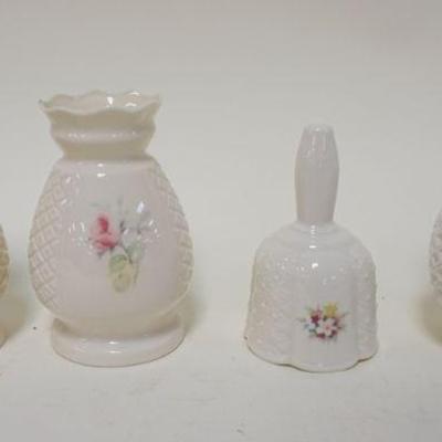 1064	DONGLE IRISH PARIAN CHINA, 4 PIECE LOT, 3 VASES & DINNER BELL, TALLEST APPROXIMATELY 5 IN
