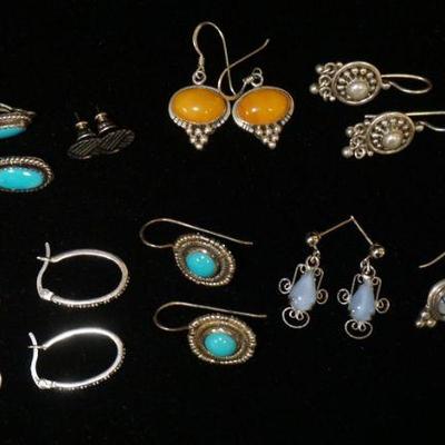 1277	10 PAIRS OF STERLING SILVER EARRINGS, INCLUDES PIERCED & CLIP ONS, 1.305 OZT INCLUDING STONES
