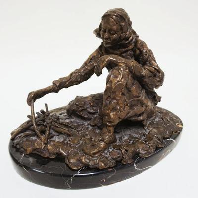 1032	BRONZE SCULPTURE OF MAN CROUCHED, BULLDOG & A FIRE ON MARLBE SLAG, ARTIST SIGNED, APPROXIMATELY 8 1/2 IN X 13 IN X 9 IN HIGH

