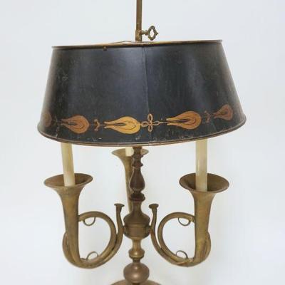 1001	BRASS BOUILLOTE TABLE LAMP W/3 FRENCH HORN STYLE LAMPS & TIN PAINT DECORATED SHADE, APPROXIMATELY 30 IN HIGH
