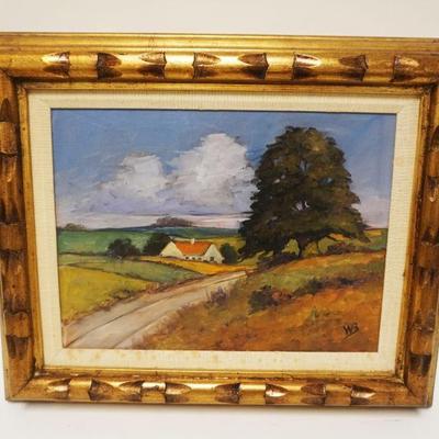 1085	OIL PAINTING ON CANVAS, HOUSE IN PASTURE, SIGNED W.B. APPROXIMATELY 18 IN X 23 IN OVERALL
